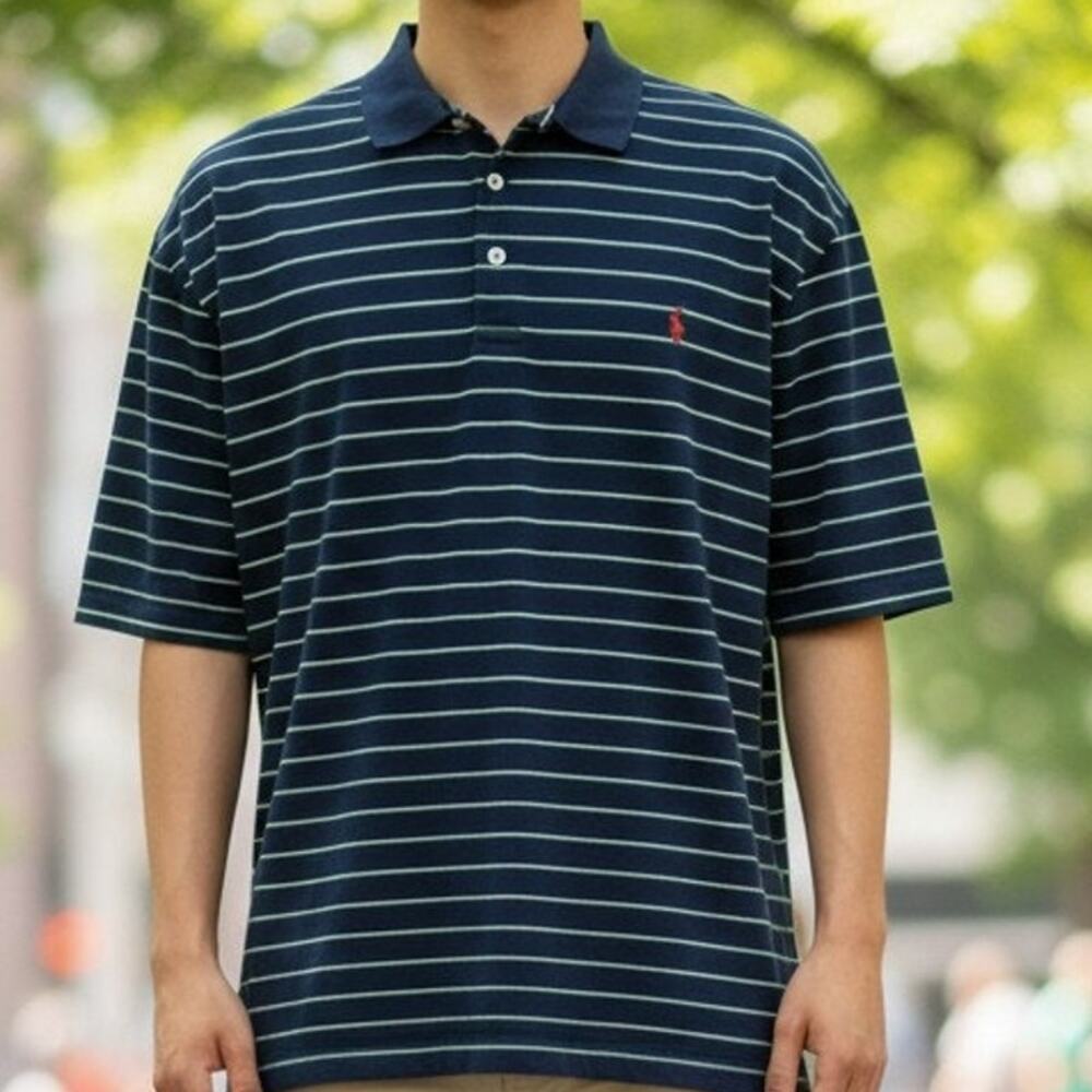 Polo Ralph Lauren Polo Shirt Golf Fit Pima Cotton Men XXL 2XL Navy Striped Pony